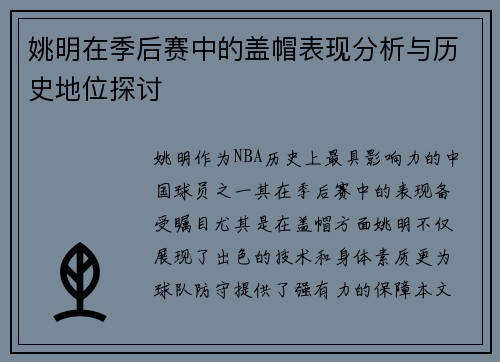 姚明在季后赛中的盖帽表现分析与历史地位探讨