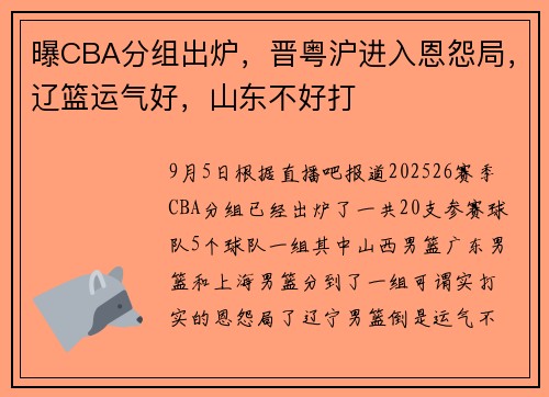 曝CBA分组出炉，晋粤沪进入恩怨局，辽篮运气好，山东不好打